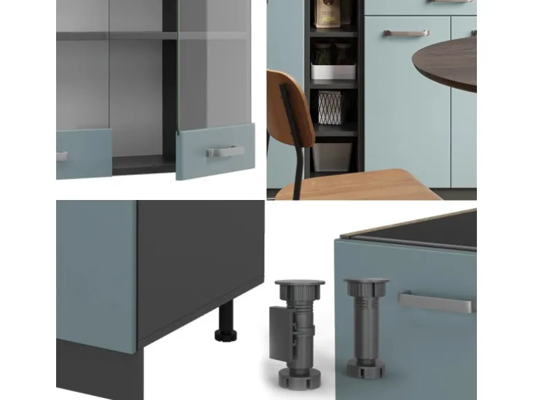 Vicco R-Line Singleküche Blau-Grau/Anthrazit 160 cm AP Eiche ohne E-Geräte