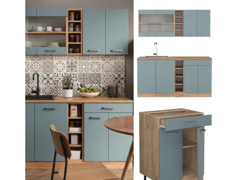 Vicco R-Line Singleküche Blau-Grau/Goldkraft Eiche 160 cm AP Marmor ohne E-Geräte
