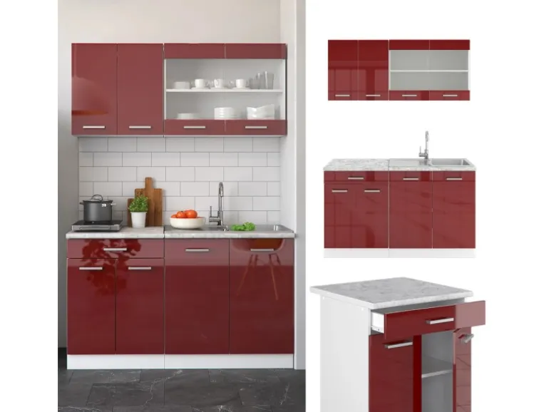 Vicco R-Line Singleküche Bordeaux Hochglanz/Weiß 140 cm AP Anthrazit ohne E-Geräte