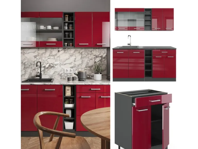 Vicco R-Line Singleküche Bordeaux Hochglanz/Anthrazit 160 cm AP Eiche ohne E-Geräte