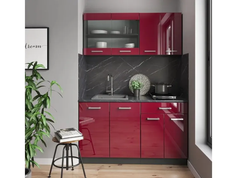 Vicco R-Line Singleküche Bordeaux Hochglanz/Anthrazit 140 cm ohne Arbeitsplatte ohne E-Geräte
