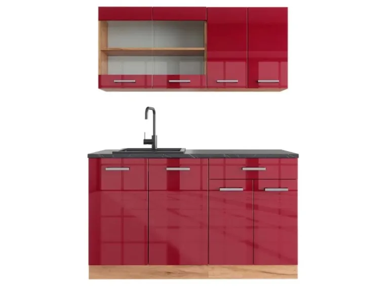 Vicco R-Line Singleküche Bordeaux Hochglanz/Goldkraft Eiche 140 cm AP Anthrazit ohne E-Geräte