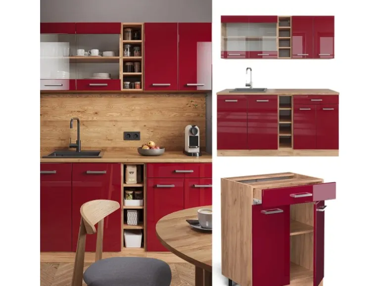 Vicco R-Line Singleküche Bordeaux Hochglanz/Goldkraft Eiche 160 cm AP Marmor ohne E-Geräte