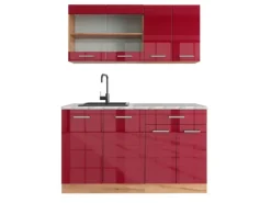 Vicco R-Line Singleküche Bordeaux Hochglanz/Goldkraft Eiche 140 cm AP Marmor ohne E-Geräte