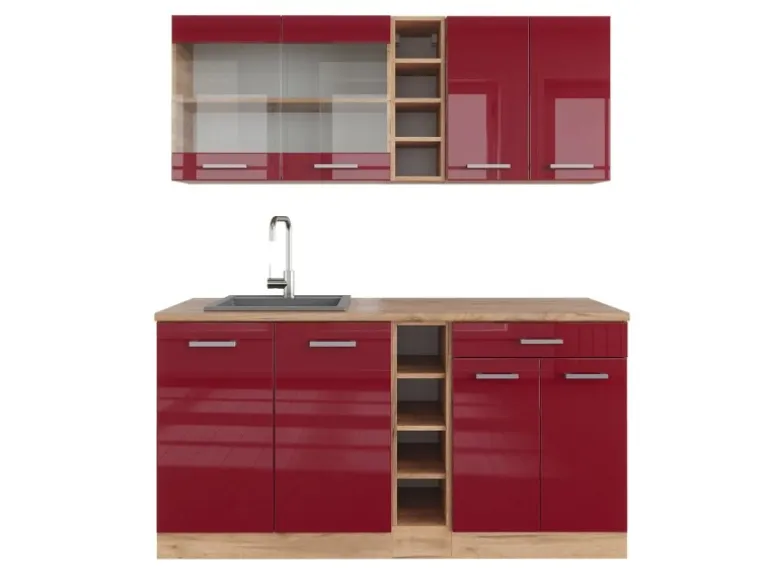 Vicco R-Line Singleküche Bordeaux Hochglanz/Goldkraft Eiche 160 cm ohne Arbeitsplatte ohne E-Geräte