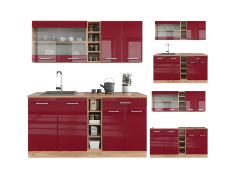 Vicco R-Line Singleküche Bordeaux Hochglanz/Goldkraft Eiche 160 cm ohne Arbeitsplatte ohne E-Geräte