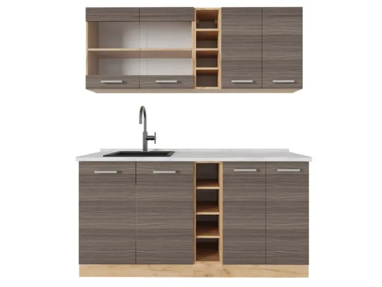 Vicco R-Line Singleküche Edelgrau/Goldkraft Eiche 160 cm AP Marmor ohne E-Geräte
