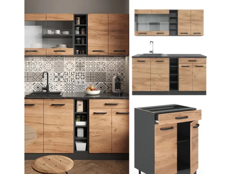 Vicco R-Line Singleküche Goldkraft Eiche/Anthrazit 160 cm AP Eiche ohne E-Geräte