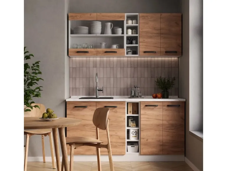 Vicco R-Line Singleküche Goldkraft Eiche/Weiß 160 cm AP Marmor ohne E-Geräte