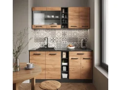 Vicco R-Line Singleküche Goldkraft Eiche/Anthrazit 160 cm AP Marmor ohne E-Geräte