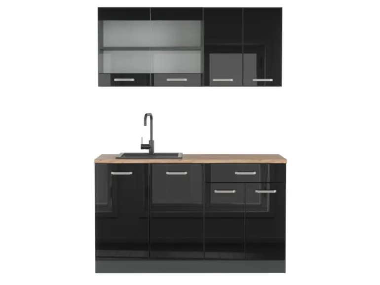 Vicco R-Line Singleküche Schwarz Hochglanz/Anthrazit 140 cm AP Eiche ohne E-Geräte