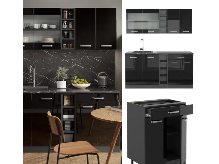 Vicco R-Line Singleküche Schwarz Hochglanz/Anthrazit 160 cm AP Anthrazit ohne E-Geräte