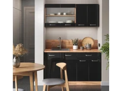 Vicco R-Line Singleküche Schwarz Hochglanz/Goldkraft Eiche 140 cm AP Marmor ohne E-Geräte