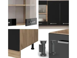 Vicco R-Line Singleküche Schwarz Hochglanz/Goldkraft Eiche 140 cm AP Marmor ohne E-Geräte