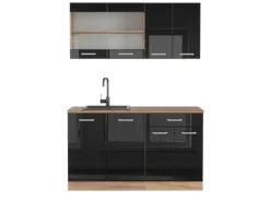 Vicco R-Line Singleküche Schwarz Hochglanz/Goldkraft Eiche 140 cm AP Eiche ohne E-Geräte