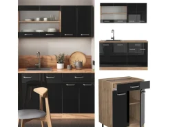 Vicco R-Line Singleküche Schwarz Hochglanz/Goldkraft Eiche 140 cm AP Eiche ohne E-Geräte