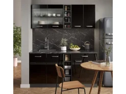 Vicco R-Line Singleküche Schwarz Hochglanz/Anthrazit 160 cm AP Marmor ohne E-Geräte