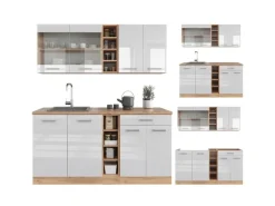 Vicco R-Line Singleküche Weiß Hochglanz/Goldkraft Eiche 160 cm ohne Arbeitsplatte ohne E-Geräte