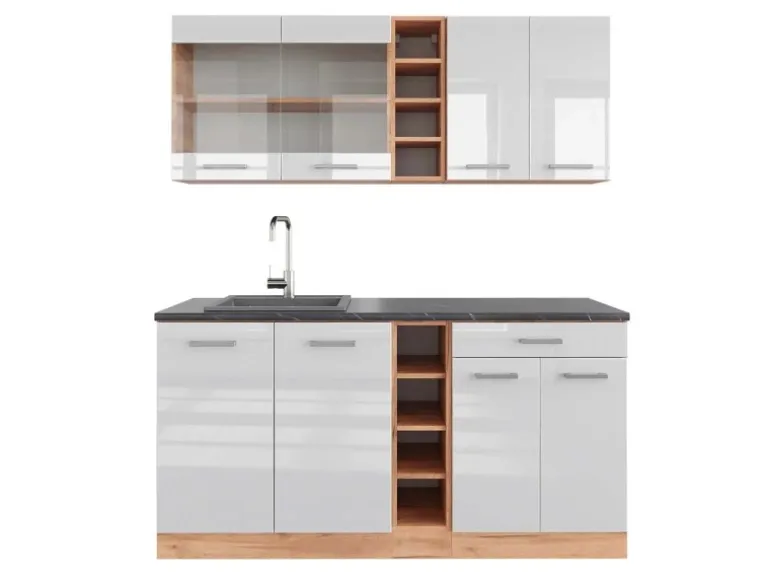 Vicco R-Line Singleküche Weiß Hochglanz/Goldkraft Eiche 160 cm AP Anthrazit ohne E-Geräte