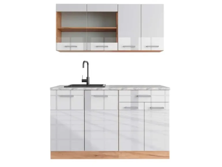 Vicco R-Line Singleküche Weiß Hochglanz/Goldkraft Eiche 140 cm AP Marmor ohne E-Geräte