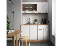 Vicco R-Line Singleküche Weiß Hochglanz/Goldkraft Eiche 140 cm AP Marmor ohne E-Geräte