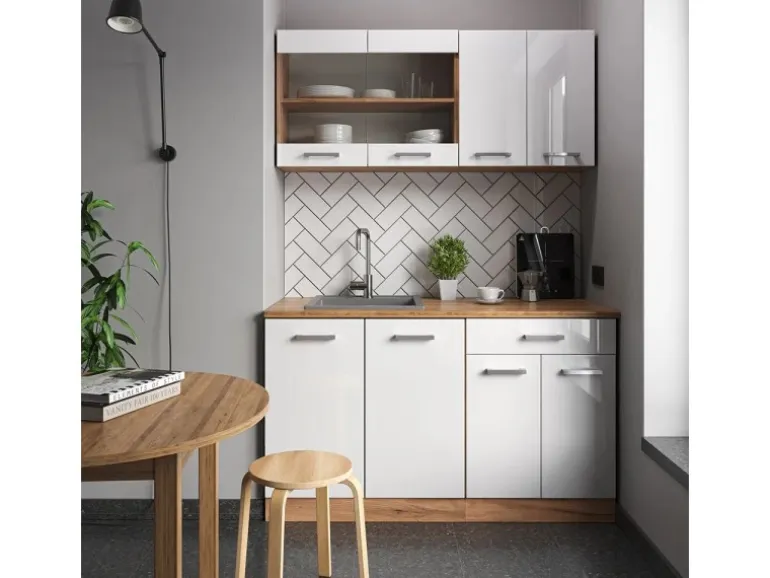 Vicco R-Line Singleküche Weiß Hochglanz/Goldkraft Eiche 140 cm AP Marmor ohne E-Geräte