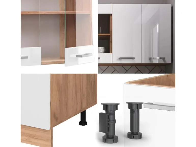 Vicco R-Line Singleküche Weiß Hochglanz/Goldkraft Eiche 140 cm AP Marmor ohne E-Geräte