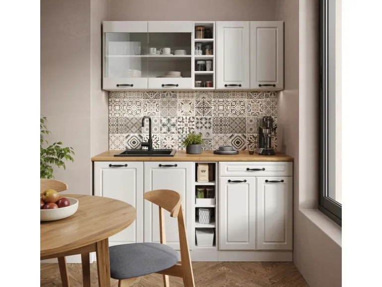 Vicco R-Line Singleküche Weiß Landhaus/Weiß 160 cm ohne Arbeitsplatte ohne E-Geräte