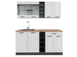 Vicco R-Line Singleküche Weiß Landhaus/Anthrazit 160 cm AP Eiche ohne E-Geräte