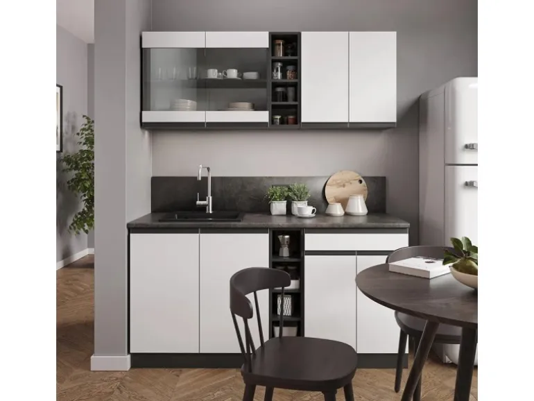 Vicco R-Line Singleküche Weiß/Anthrazit 160 cm AP Marmor ohne E-Geräte