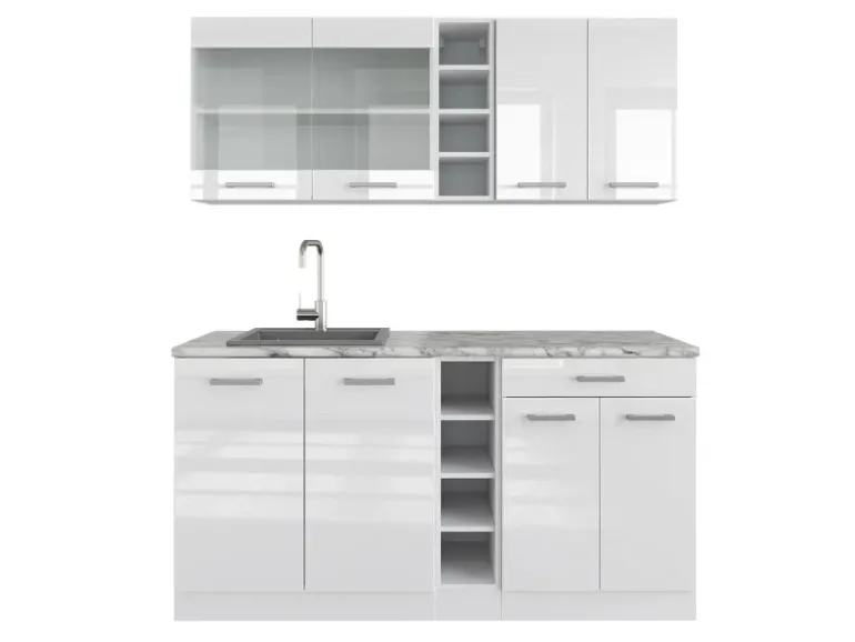 Vicco R-Line Singleküche Weiß Hochglanz/Weiß 160 cm AP Marmor ohne E-Geräte