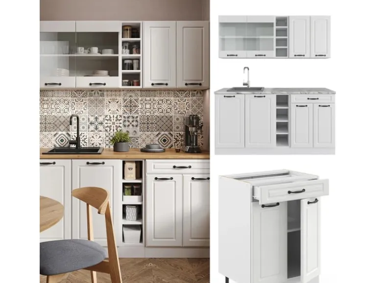 Vicco R-Line Singleküche Weiß Landhaus/Weiß 160 cm AP Anthrazit ohne E-Geräte