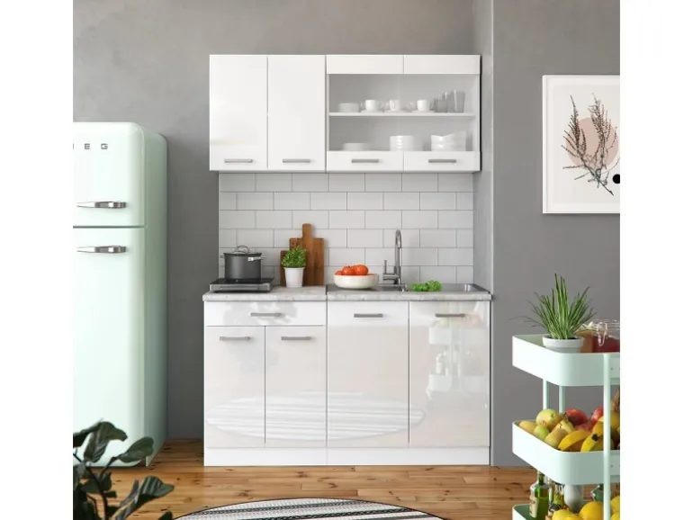 Vicco R-Line Singleküche Weiß 140 cm AP Marmor ohne E-Geräte