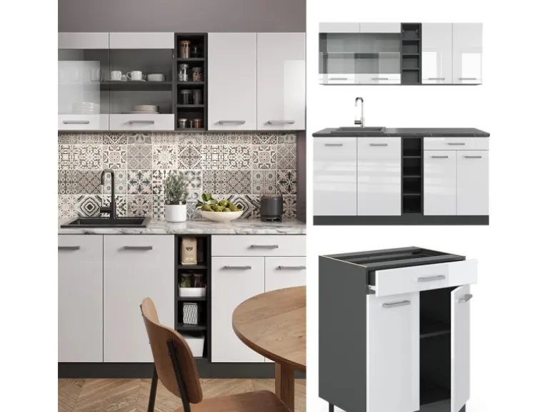 Vicco R-Line Singleküche Weiß Hochglanz/Anthrazit 160 cm AP Eiche ohne E-Geräte
