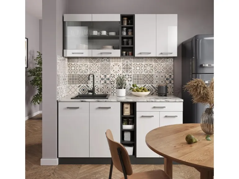 Vicco R-Line Singleküche Weiß Hochglanz/Anthrazit 160 cm AP Eiche ohne E-Geräte