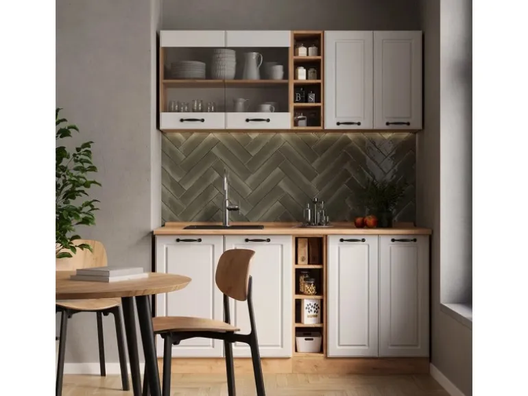 Vicco R-Line Singleküche Weiß Landhaus/Goldkraft Eiche 160 cm AP Eiche ohne E-Geräte