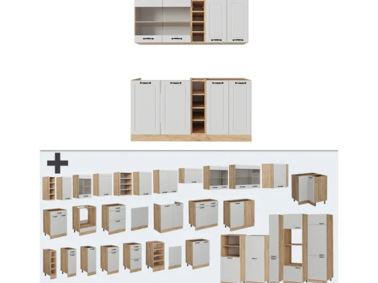 Vicco R-Line Singleküche Weiß Landhaus/Goldkraft Eiche 160 cm AP Eiche ohne E-Geräte