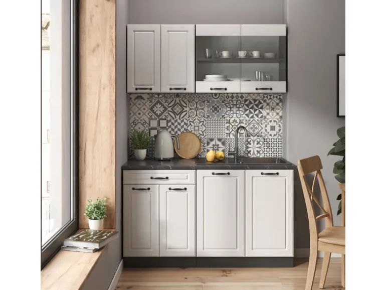 Vicco R-Line Singleküche Weiß Landhaus/Anthrazit 140 cm AP Anthrazit ohne E-Geräte