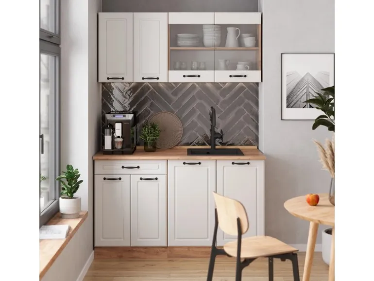 Vicco R-Line Singleküche Weiß Landhaus/Goldkraft Eiche 140 cm AP Marmor ohne E-Geräte