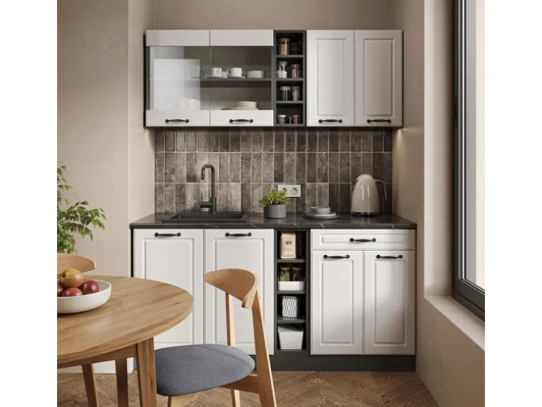 Vicco R-Line Singleküche Weiß Landhaus/Anthrazit 160 cm AP Marmor ohne E-Geräte