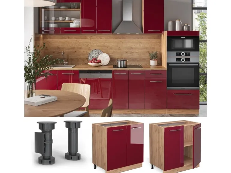 Vicco Spülenunterschrank Fame-Line Bordeaux Hochglanz/Goldkraft Eiche 80 cm mit Regal ohne Arbeitsplatte