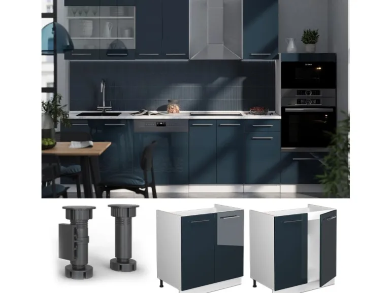Vicco Spülenunterschrank Fame-Line Dunkelblau Hochglanz/Weiß 80 cm ohne Arbeitsplatte mit Weiß Korpus