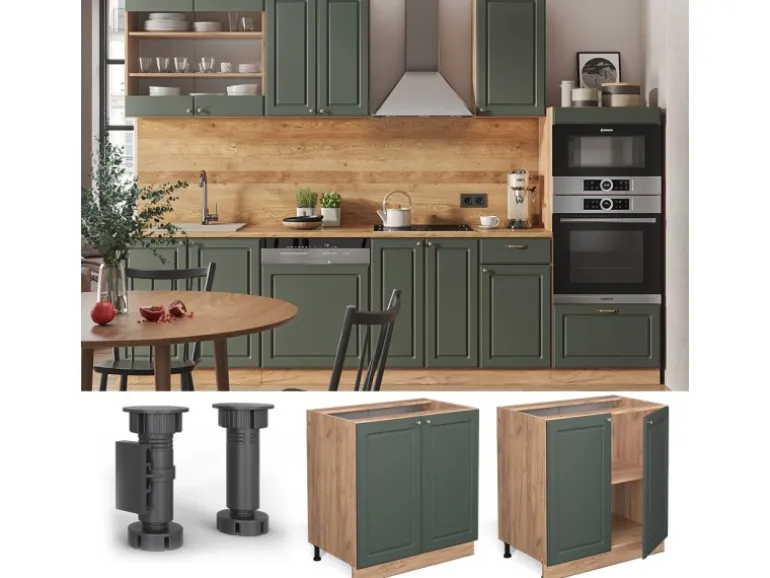 Vicco Spülenunterschrank Fame-Line Grün-Gold Landhaus/Goldkraft Eiche 80 cm mit Regal AP Eiche