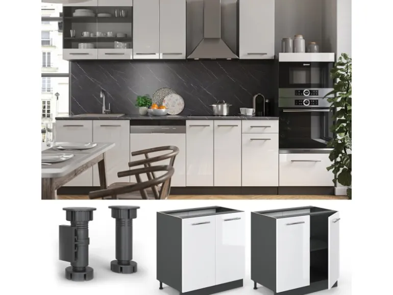 Vicco Spülenunterschrank Fame-Line Weiß Hochglanz/Anthrazit 80 cm mit Regal AP Marmor