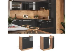 Vicco Spülenunterschrank R-Line Anthrazit Hochglanz/Goldkraft Eiche 80 cm AP Marmor