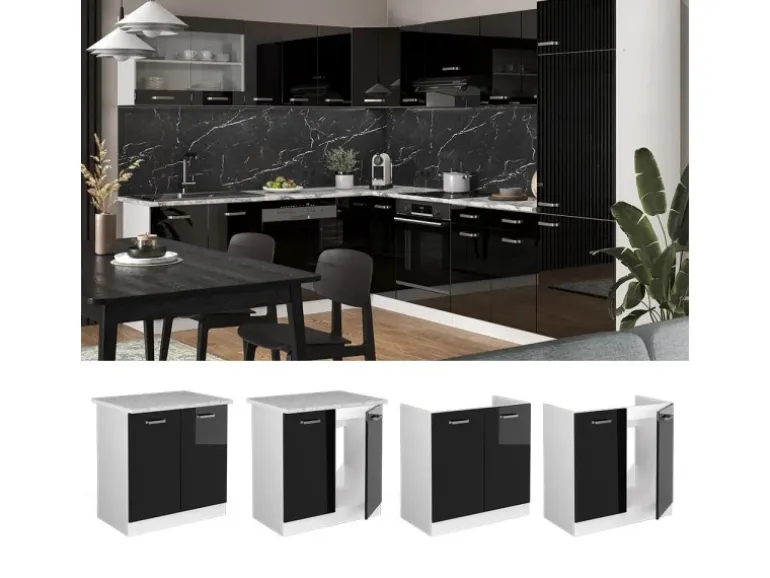 Vicco Spülenunterschrank R-Line Schwarz Hochglanz/Weiß 80 cm AP Eiche