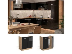 Vicco Spülenunterschrank R-Line Schwarz Hochglanz/Goldkraft Eiche 80 cm AP Eiche
