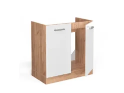 Vicco Spülenunterschrank R-Line Weiß Hochglanz/Goldkraft Eiche 80 cm AP Marmor