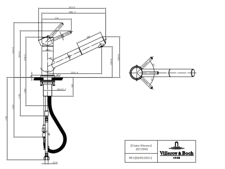 Villeroy & Boch Küchenarmatur Como Shower Hochdruck-Armatur Ausziehbare Brause Wassersparend Edelstahl Massiv