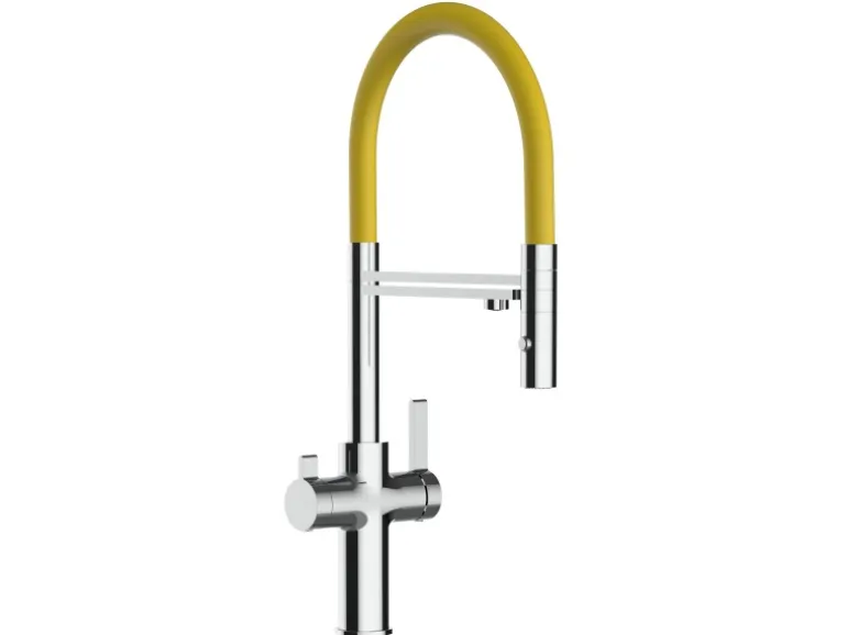 VIZIO 4 Wege Wasserhahn Küchenarmatur FC mit 360° Schwenkbarem Auslauf Abnehmbare 2 Strahl Handbrause Verchromt Gelb